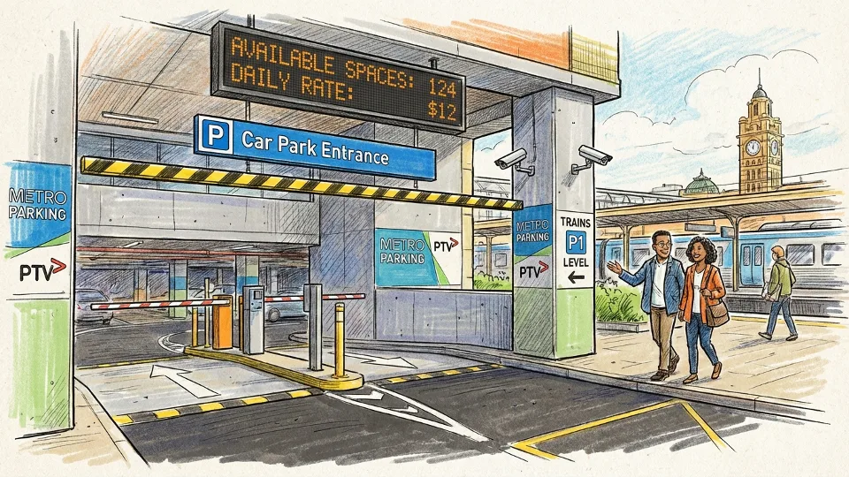 Car park entrance at Melbourne train station with directional signage and parking information display