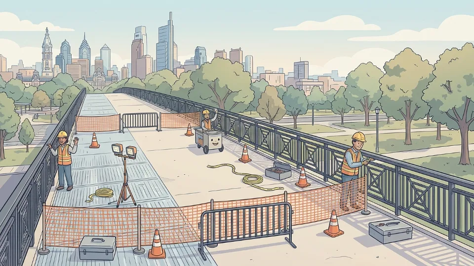 Empty pedestrian bridge deck with repair equipment and safety barriers, urban park setting