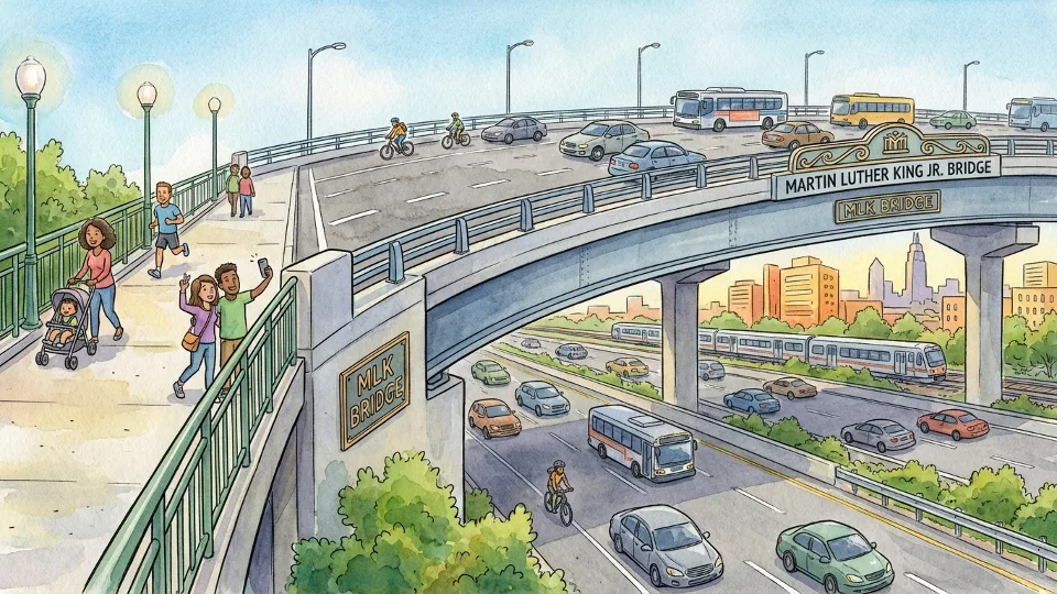 Martin Luther King Jr. Bridge spanning roadway in Philadelphia with pedestrian walkway and vehicle lanes visible