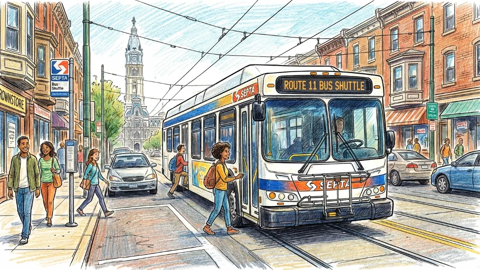 Bus shuttle replacing SEPTA trolley service on Philadelphia street with route number displayed