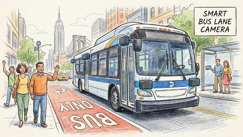 Automated camera system mounted on MTA bus monitoring bus lane violations