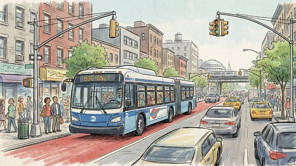 MTA bus traveling in dedicated bus lane in the Bronx with traffic in adjacent lanes