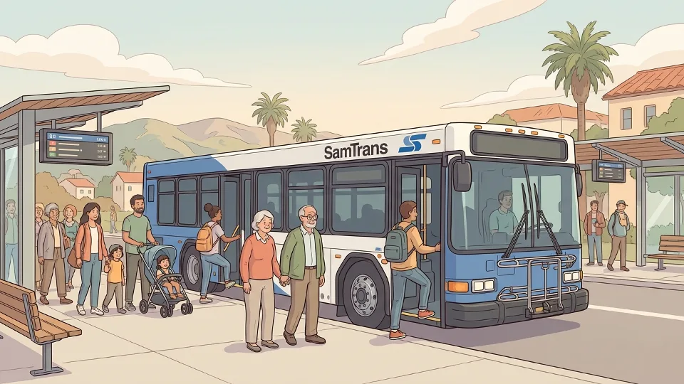 SamTrans bus at transit center in San Mateo County with passengers boarding