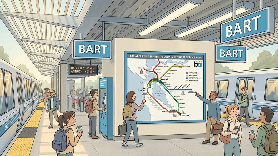 Bay Area Rapid Transit BART station with regional transit map showing nine-county service area