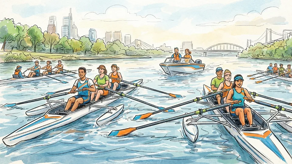 Adaptive rowing athletes competing on Cooper River with racing shells and support boats visible