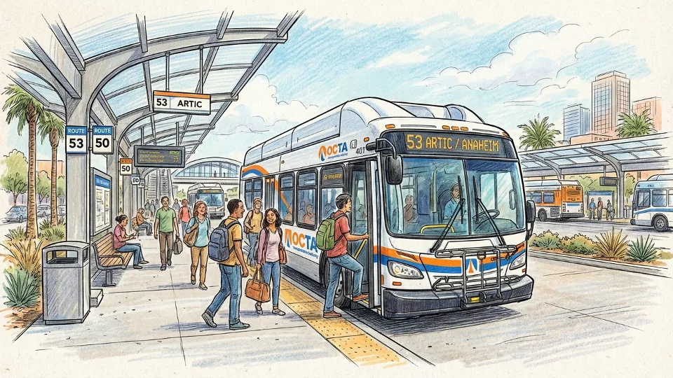 Orange County Transportation Authority bus at transit center with passengers boarding