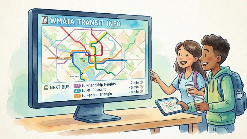 Computer screen displaying transit route map and bus schedule information