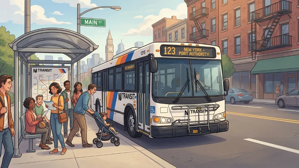 NJ TRANSIT bus on urban street with passengers waiting at covered bus stop