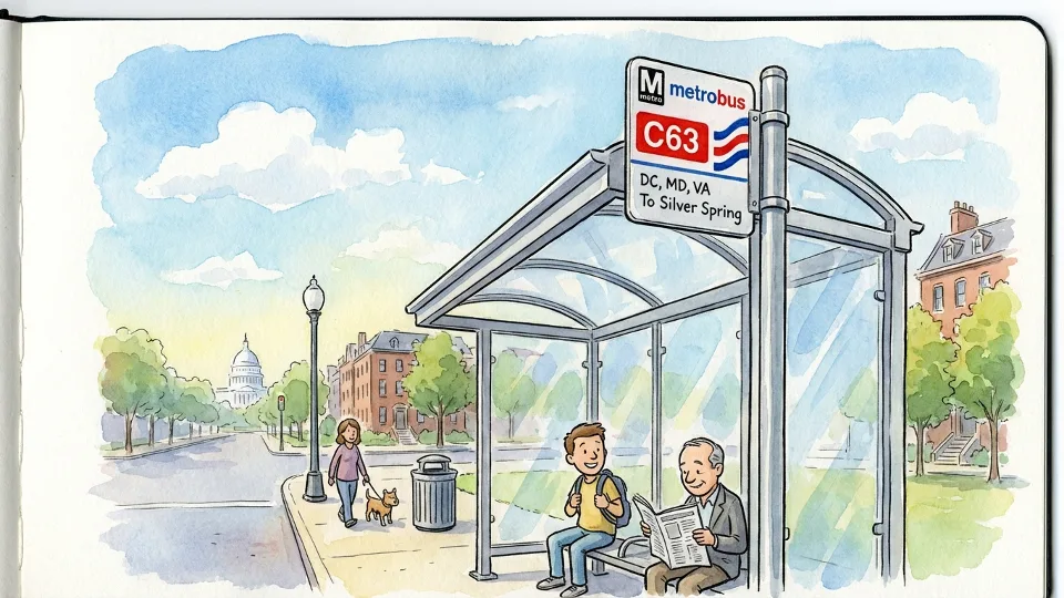 Metrobus route sign showing C63 designation at Washington DC metro area bus shelter