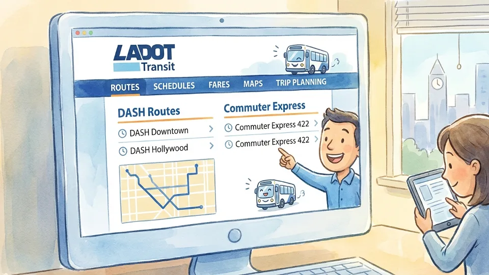 Computer screen displaying LADOT Transit website navigation menu with route information