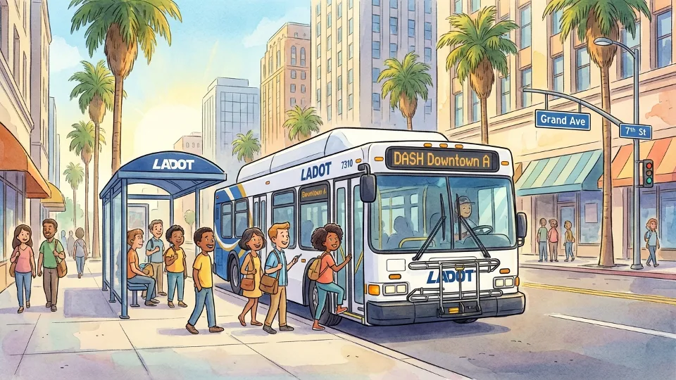 Los Angeles LADOT Transit bus at downtown stop with passengers boarding