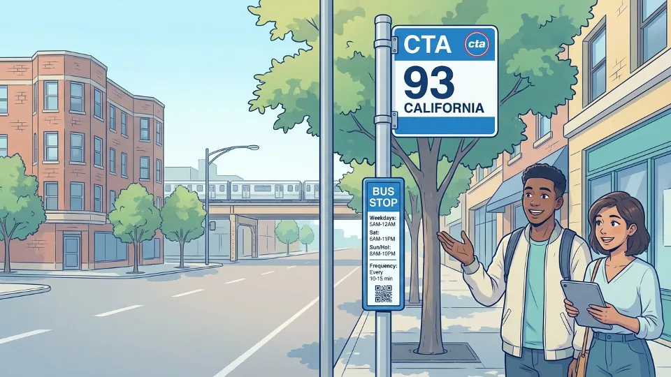 CTA bus stop sign showing Route 93 California with schedule information