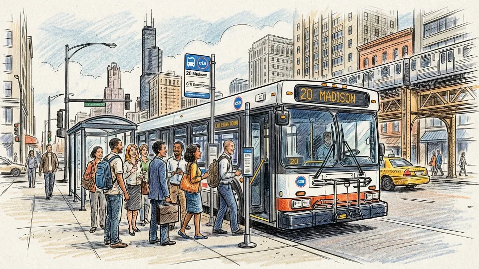 CTA bus at downtown Chicago stop with passengers waiting to board