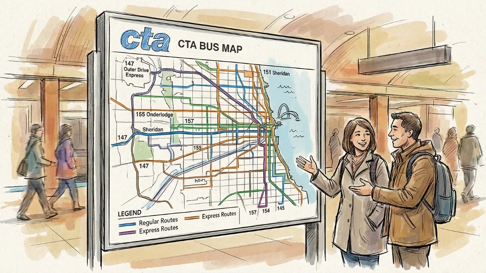 CTA bus route map display at transit station showing network of Chicago bus lines