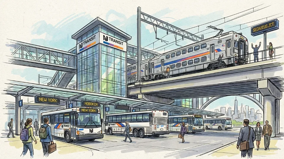 NJ TRANSIT bus and rail operations at major transit hub showing system infrastructure