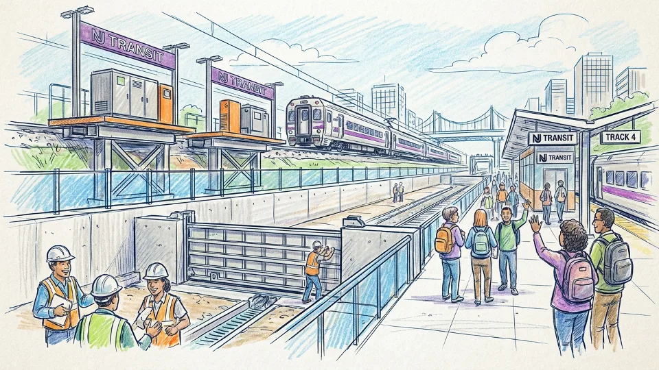 NJ TRANSIT rail facility with infrastructure improvements including elevated equipment and flood protection systems