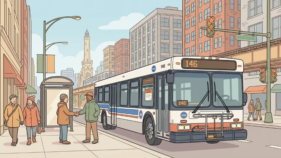 CTA bus on Chicago street with route number visible on front display, showing typical urban transit operations during service modifications