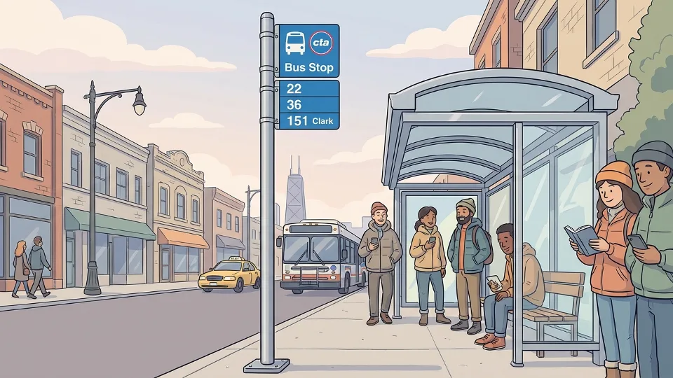 CTA bus stop sign in Chicago with route information and shelter, representing typical boarding locations affected by service changes