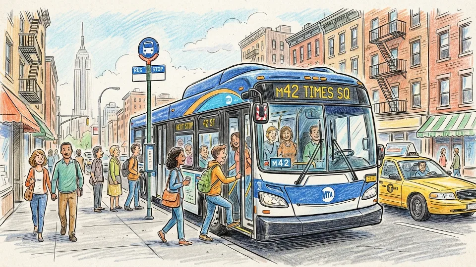 MTA bus on New York City street with passengers boarding at stop
