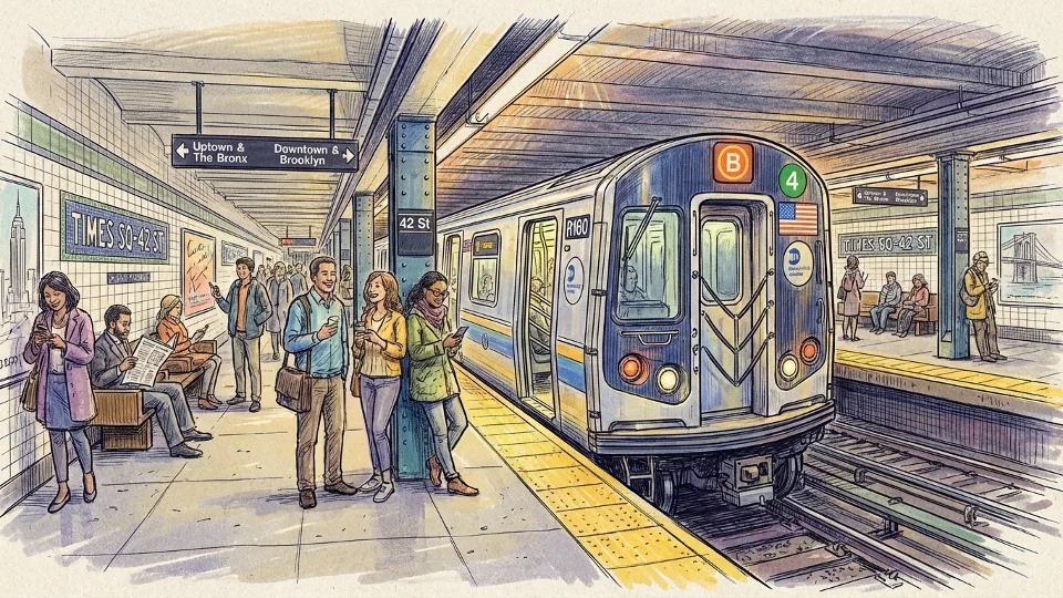 Metropolitan Transportation Authority subway train at platform in New York City station with riders waiting
