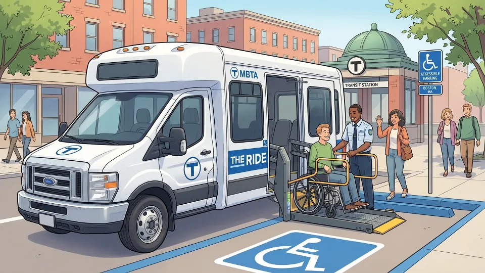 MBTA paratransit vehicle at accessible boarding area with wheelchair lift deployed