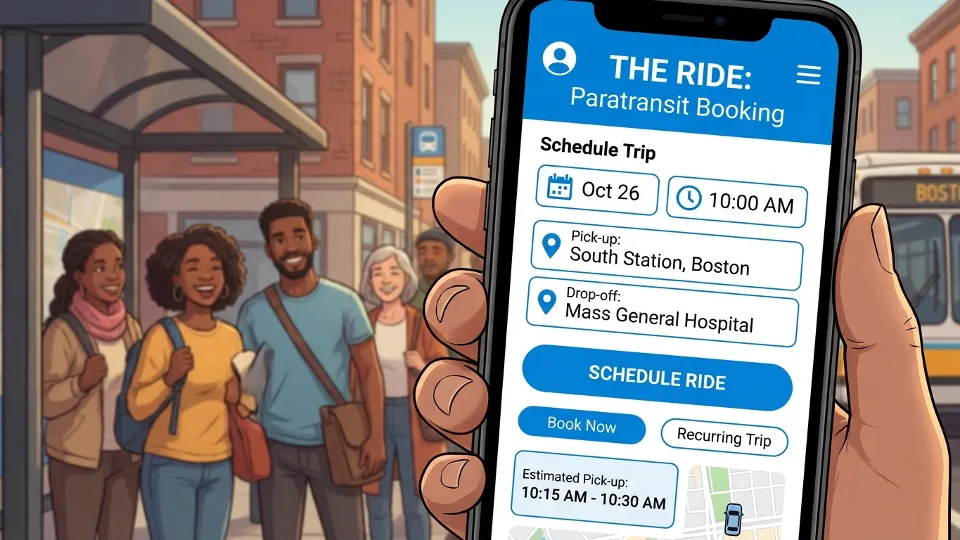 Smartphone screen displaying paratransit booking interface with trip scheduling options