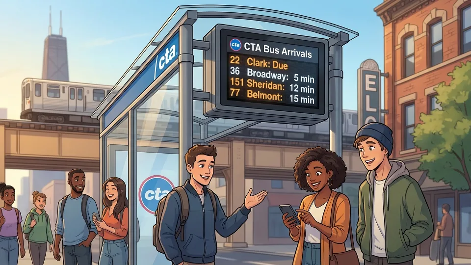 CTA bus schedule display board showing route numbers and departure times