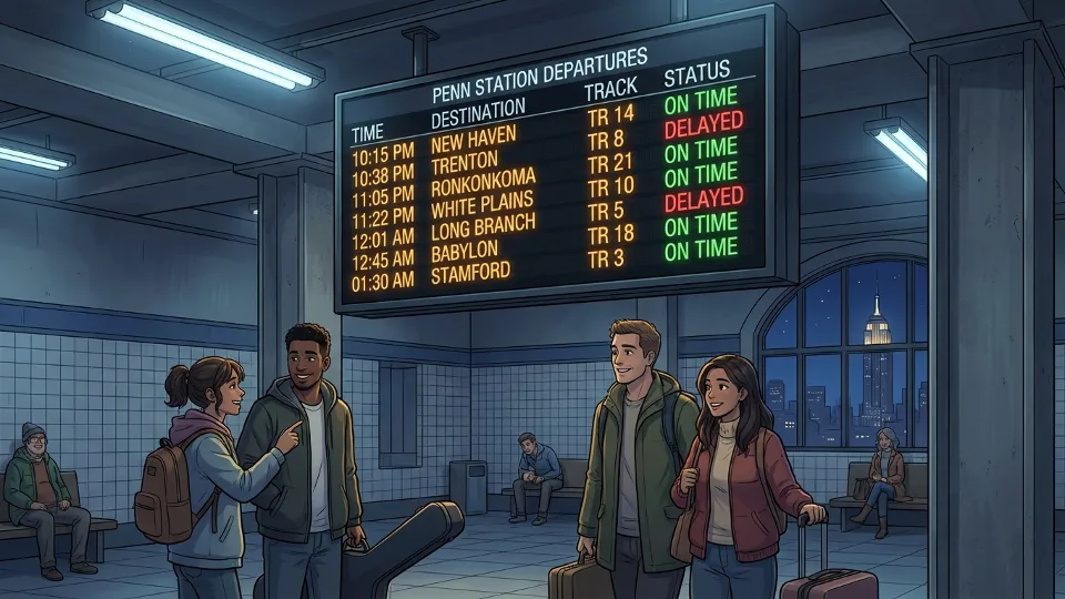 Train departure board showing late-night schedule at New York area transit station