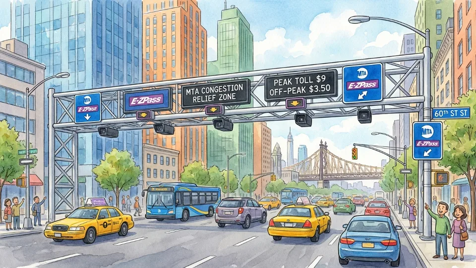 MTA congestion pricing toll gantry at entry point to Manhattan's Congestion Relief Zone with electronic toll collection equipment and city traffic