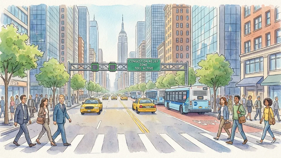 Manhattan street scene showing reduced traffic flow in the Congestion Relief Zone with buses and pedestrians in the central business district