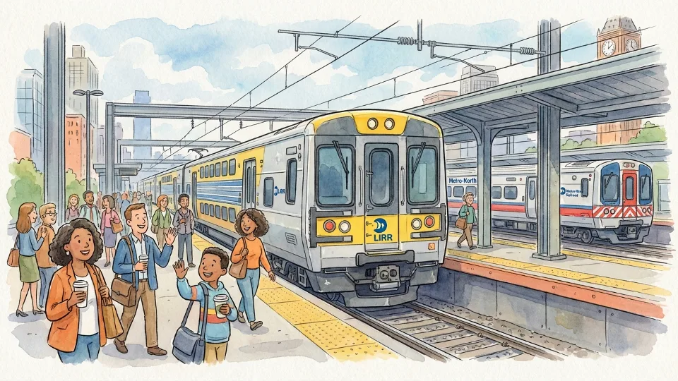 Long Island Rail Road train at station platform with Metro-North Railroad train in background