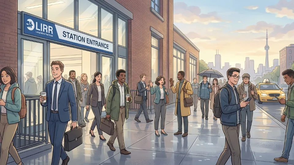 Commuters walking toward LIRR station entrance on a typical weekday