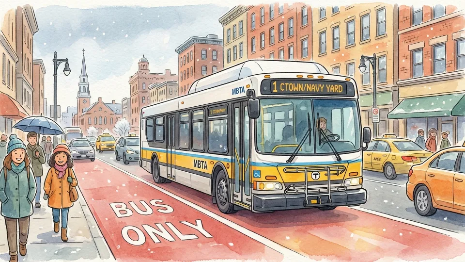 MBTA bus traveling in dedicated bus lane on Boston street with traffic in adjacent lanes
