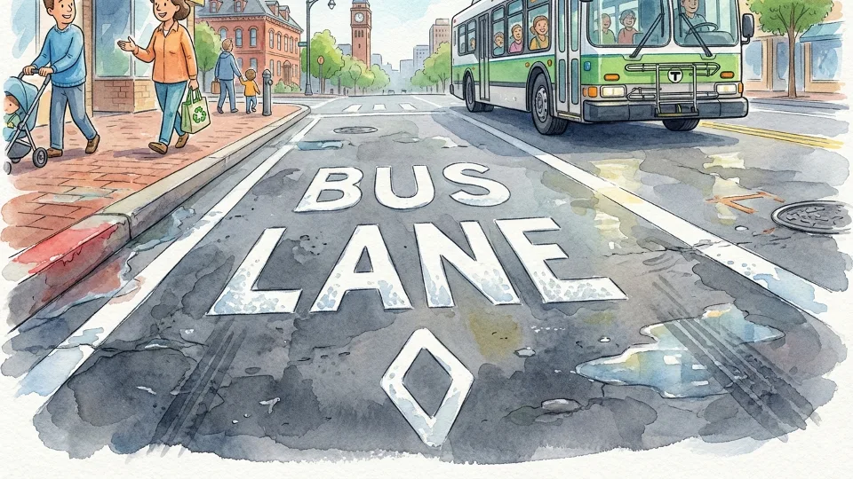 Close-up view of painted bus lane markings and signage on Boston street