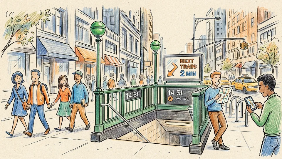 Subway station entrance on 6th Avenue in Manhattan with stairs leading underground. Alt text: 14 St station entrance 6th Avenue Manhattan subway access. Composition: Street-level view showing entrance signage and surrounding urban context.