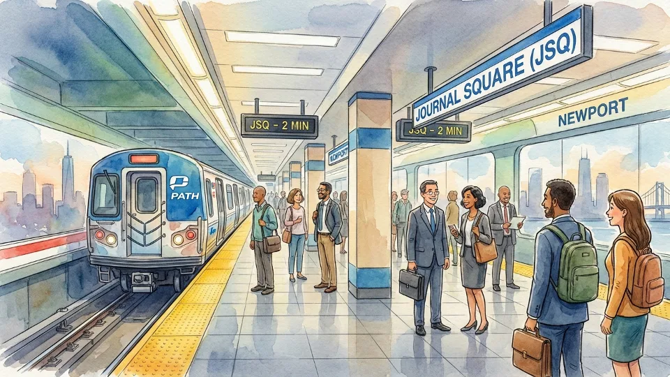 PATH train at Newport station platform with passengers waiting, showing JSQ-bound track and station signage