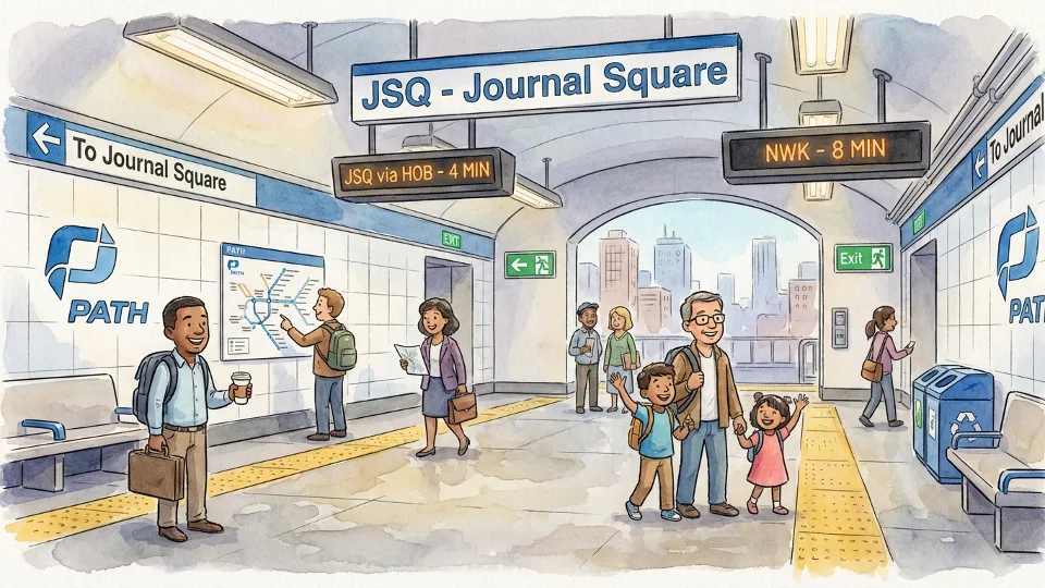 PATH station platform with directional signage showing JSQ-bound track designation and passenger information displays