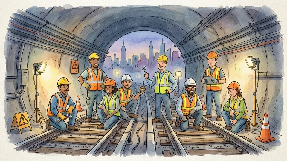 Transit maintenance crew working on subway tracks during overnight hours with safety equipment and lighting