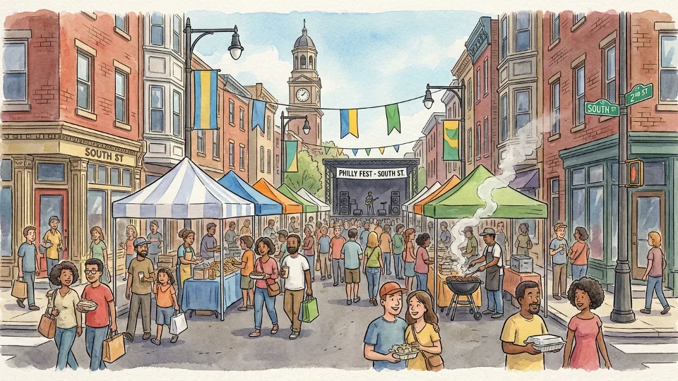 Street festival with vendor tents and live music stage in urban Philadelphia neighborhood