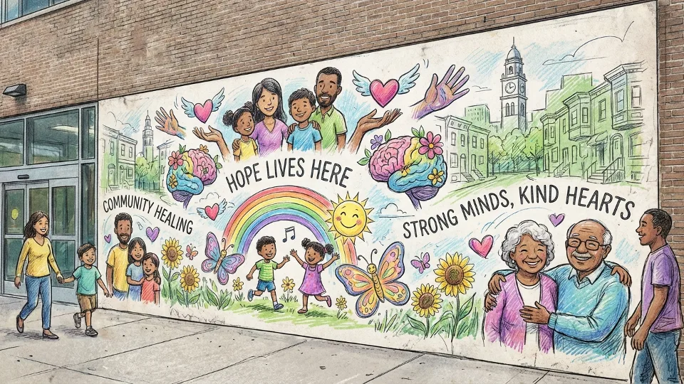 Colorful community mural on exterior hospital wall with mental health awareness themes and welcoming imagery for children