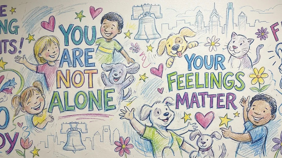 Close-up detail of hospital mural showing mental health support messaging and colorful artistic elements designed for pediatric audience