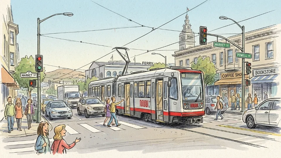Muni light rail vehicle stopped at busy San Francisco intersection with traffic and pedestrians