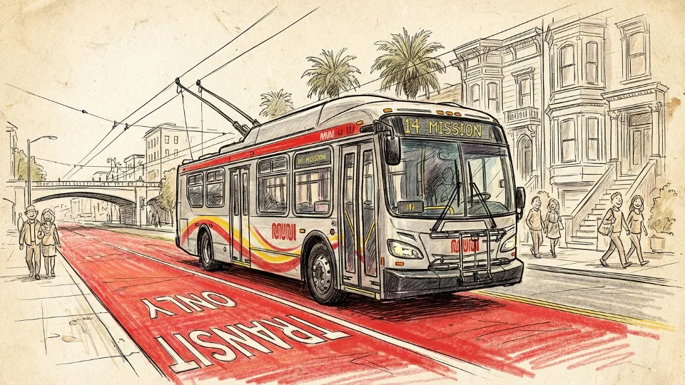 San Francisco Muni bus in dedicated transit-only lane with red paint markings
