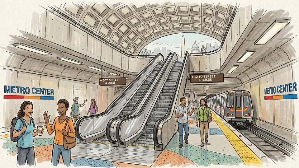 Metro station platform with escalators leading to street level, showing vertical transportation infrastructure