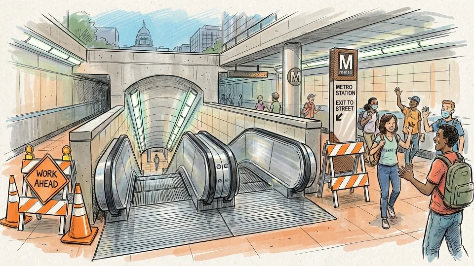 Modern Metro escalator at underground station entrance with construction barriers and wayfinding signs visible
