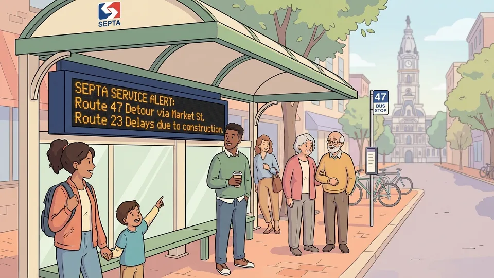SEPTA service alert display board showing detour information at bus stop