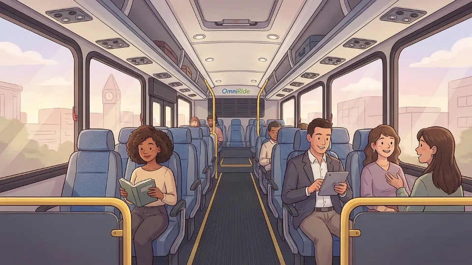 Interior view of OmniRide commuter bus showing seating area and passenger amenities