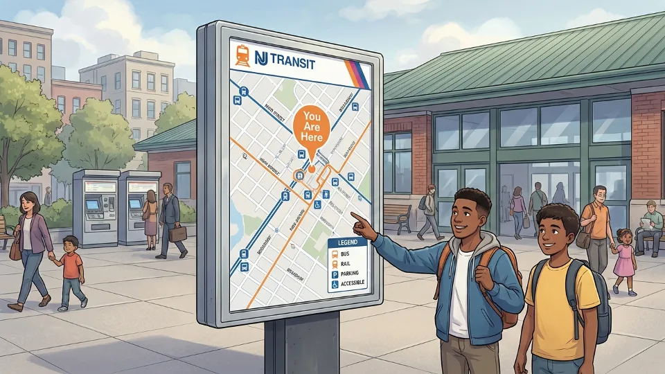 Station area wayfinding map display at New Jersey Transit station entrance showing neighborhood streets and transit connections