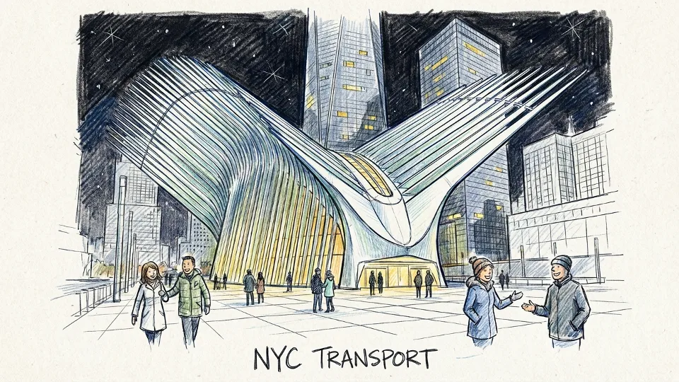Modern glass and steel WTC Oculus transportation hub exterior at night with illuminated entrance