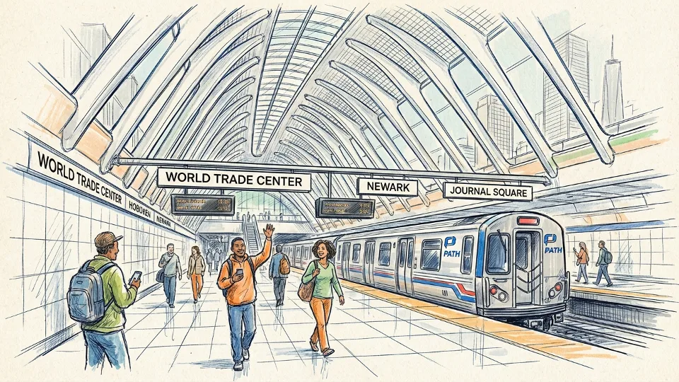 Interior view of WTC Oculus transit hall showing PATH train platform and directional signage